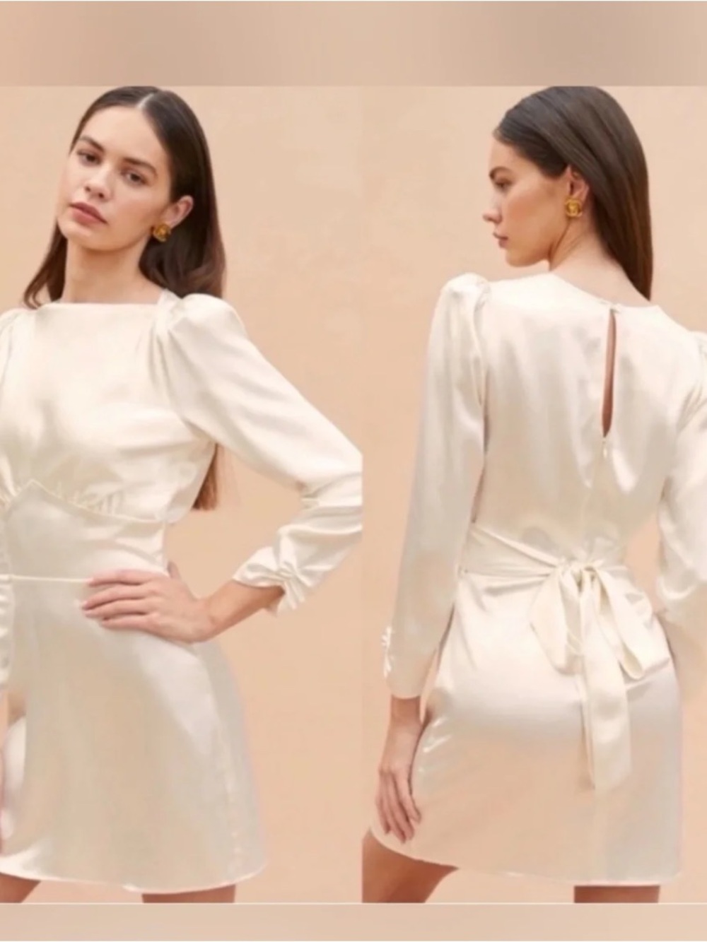 Reformation Cream Satin Puff-Sleeve Mini Dress